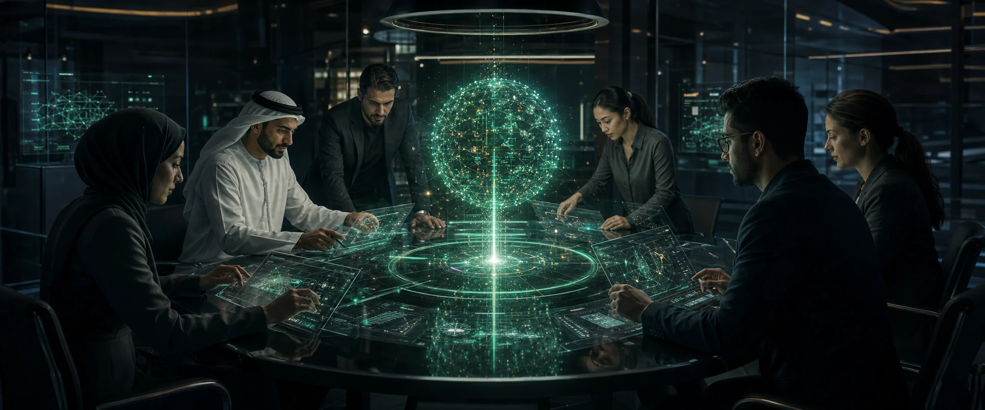 A multidisciplinary team collaborating around a projected intelligence model.